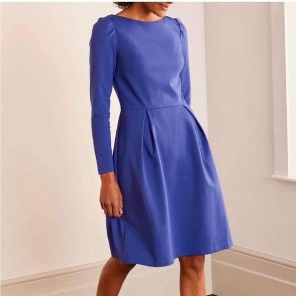 Boden Melanie Ponte Knit A-Line Pleated Long Sleeve Dress 6R Greek‎ Blue J0772